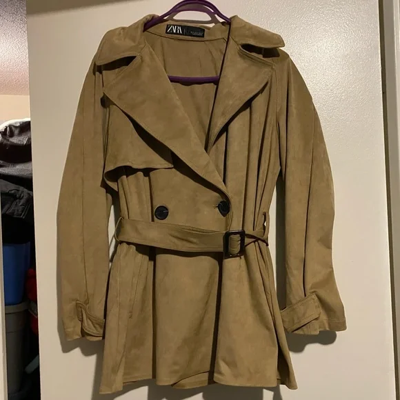 ZARA BEAUTIFUL TAN SUEDE TEXTURED SHORT TRENCH - Picture 1 of 16